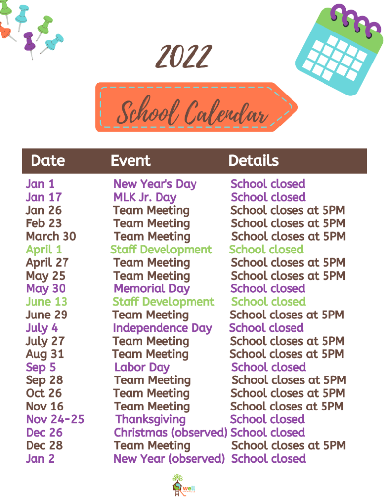 The Well 2022 School Calendar