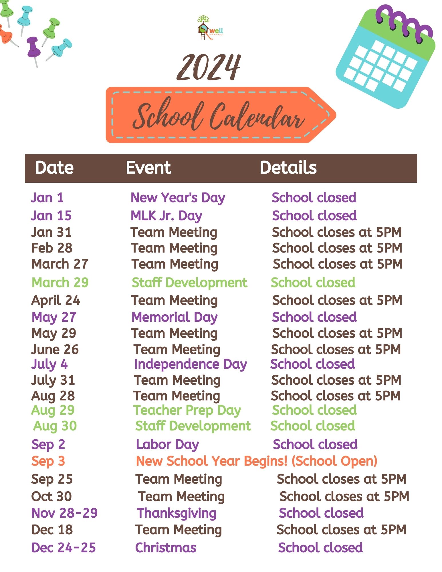 The Well 2024 School Calendar